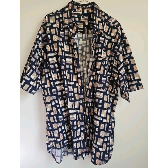 Enro Luomo Shirt Adult L Black Tan Button Up Geometric Pattern Mens - Picture 1 of 4